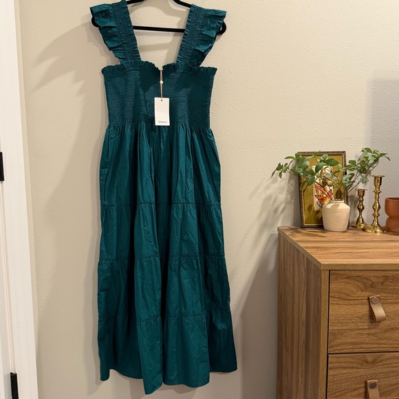 Quince NWT Size XL Garden Green 100% Organic Cotton Smocked Poplin Midi Dress - Picture 2 of 8